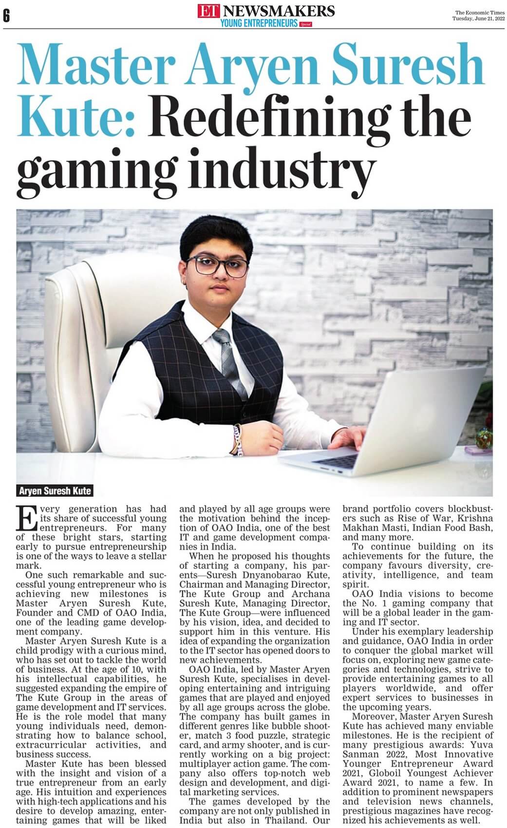 Economic Times featuring Aryen Kute - Founder & CMD - OAO INDIA