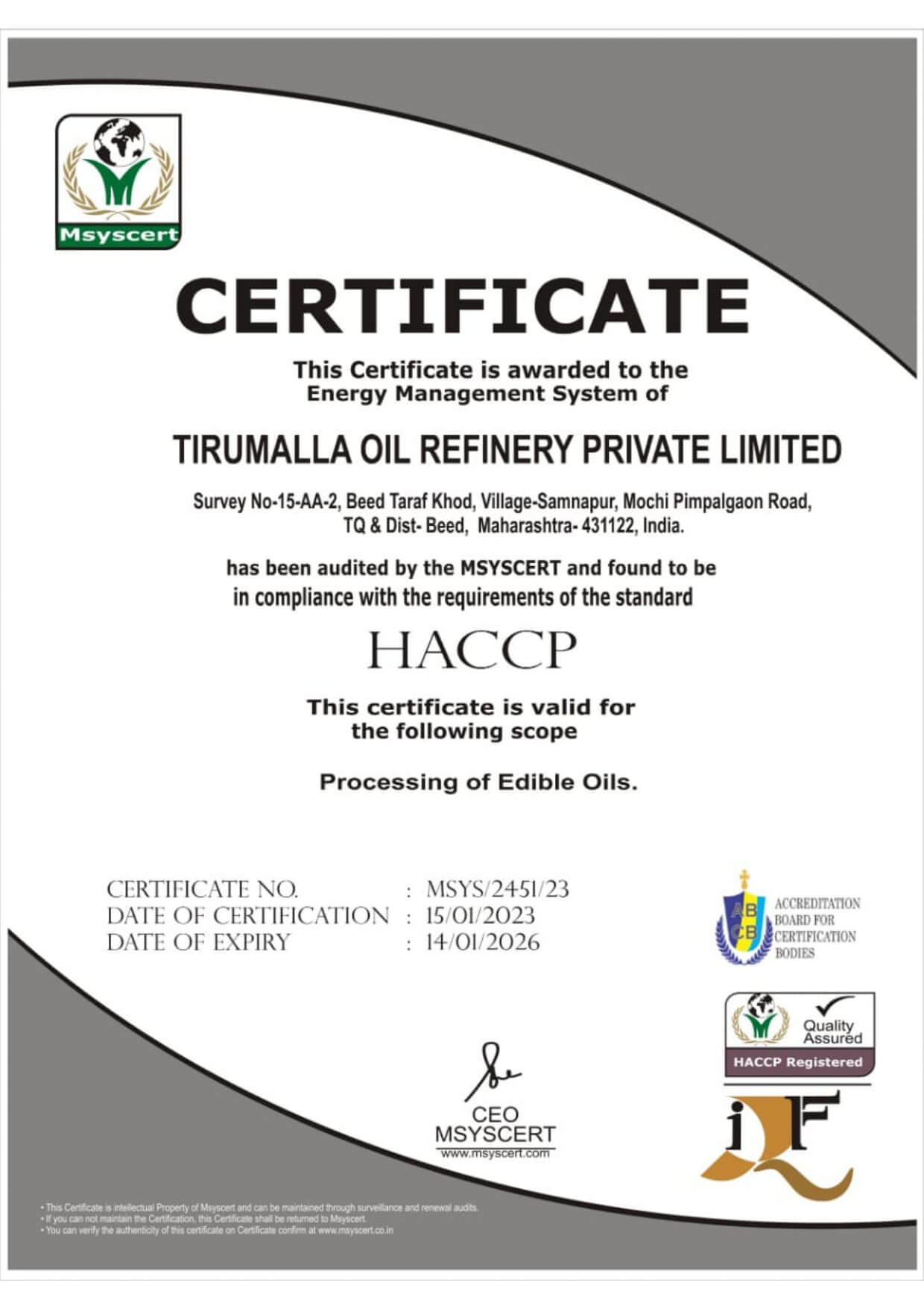 iso certificate of tirumalla oil